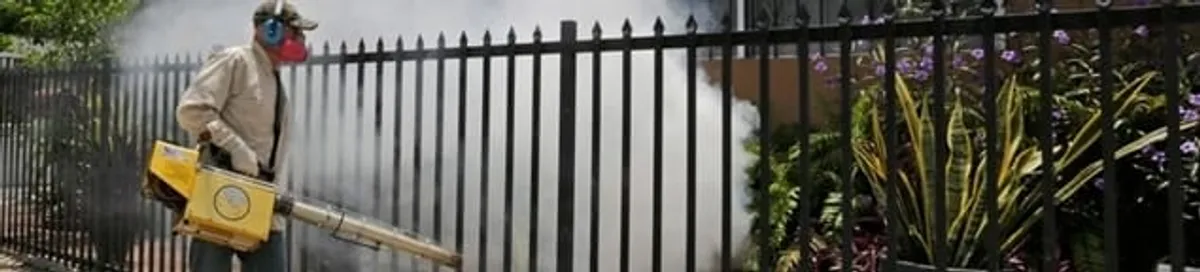 Mosquito control technician fogging a yard perimeter for mosquito reduction in Sacramento, CA